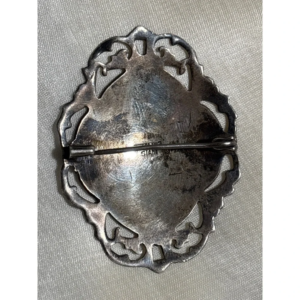 Vtg Siam Sterling Silver Pin Brooch Intricate Dancers Filigree Design Black Enam